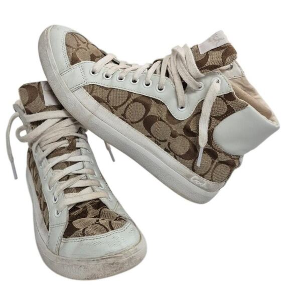 Coach Signature & Leather Ellis Khaki / White High Top Sneakers 8 - Picture 1 of 8
